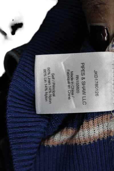 Veronica Beard Womens Blue Striped Linen Crew Neck 3/4 Sleeve Blouse Size S