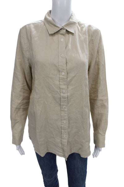 Quince Women Linen Collared Button Up Long Sleeve Basic Top Beige Size M