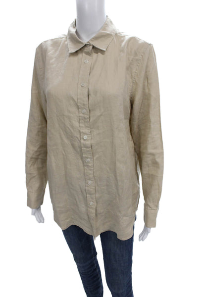 Quince Women Linen Collared Button Up Long Sleeve Basic Top Beige Size M