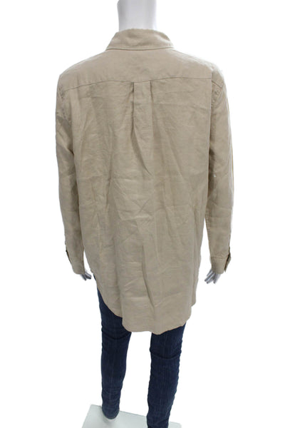 Quince Women Linen Collared Button Up Long Sleeve Basic Top Beige Size M