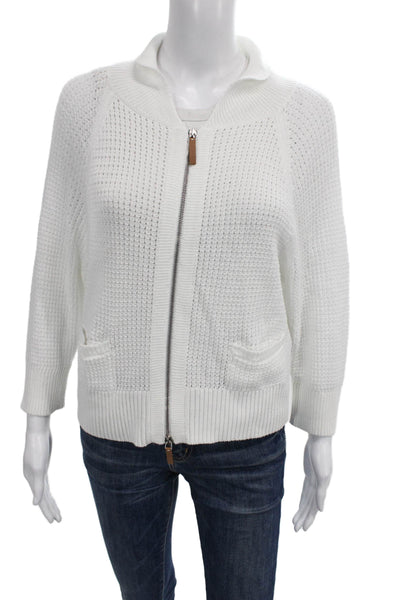 Lafayette 148 New York Women Full Zip Cotton Sweater White Size L