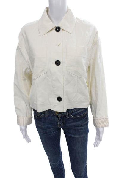 Zara Women Basic Jacket Ivory Linen Viscose Button Long Sleeve Size S