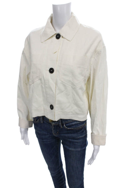 Zara Women Basic Jacket Ivory Linen Viscose Button Long Sleeve Size S