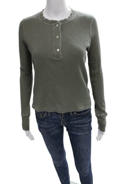 Amo Womens Green Henley Long Sleeve Basic T-Shirt Recycled Cotton Size S