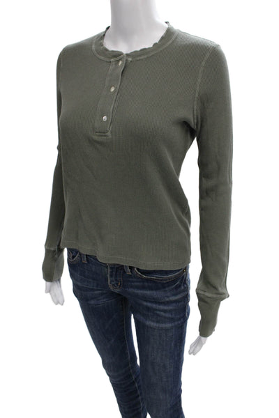 Amo Womens Green Henley Long Sleeve Basic T-Shirt Recycled Cotton Size S