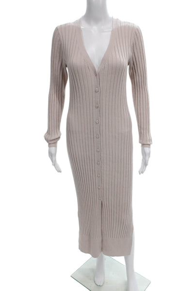 Club Monaco Women Sweater Dress Beige Wool V-Neck Long Sleeve Midi Size M