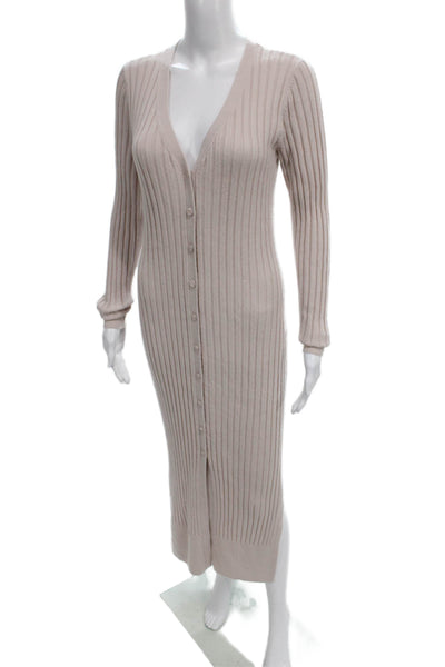 Club Monaco Women Sweater Dress Beige Wool V-Neck Long Sleeve Midi Size M