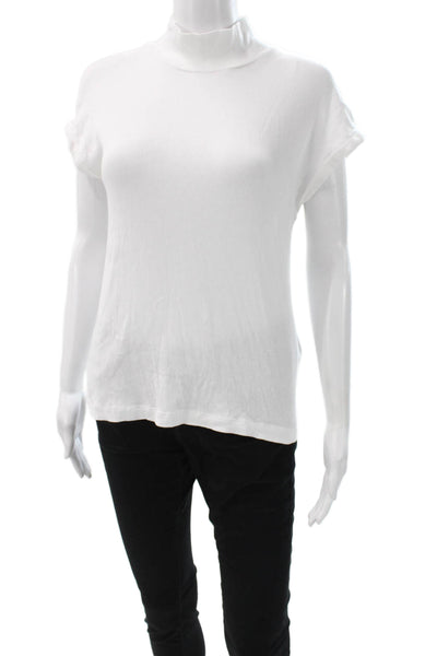 Zara Women Basic White Mock Neck T Shirt Short Sleeve Cotton Size L