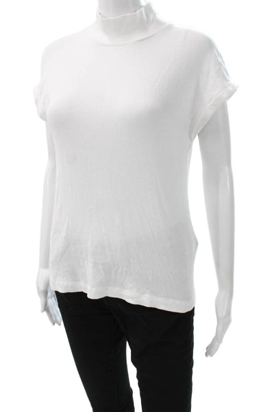 Zara Women Basic White Mock Neck T Shirt Short Sleeve Cotton Size L