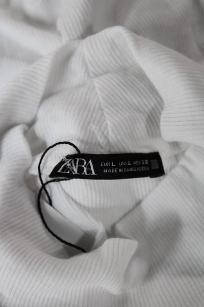 Zara Women Basic White Mock Neck T Shirt Short Sleeve Cotton Size L