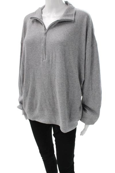TNA Women Pullover Sweatshirt Collared Zip Waffle Knit Gray Long Sleeve Size L