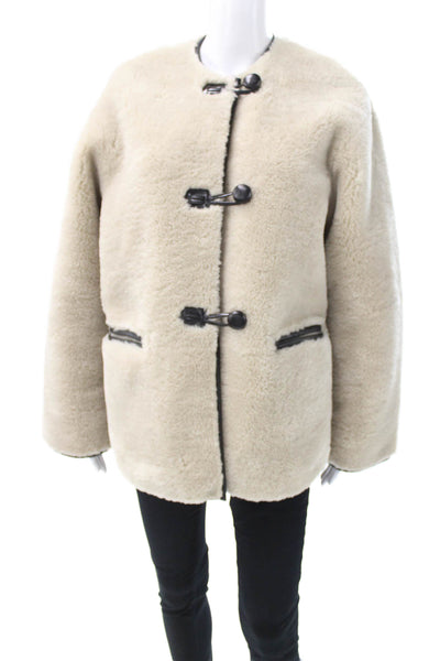 MNG Women Coat Beige Faux Shearling Toggle Size M
