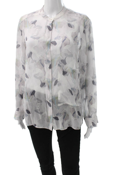Theory Womens Silk Blend Collared Geometric Longsleeve Blouse Multi Size M