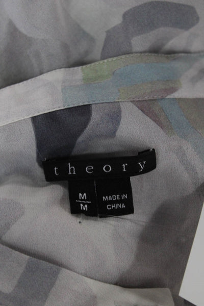 Theory Womens Silk Blend Collared Geometric Longsleeve Blouse Multi Size M
