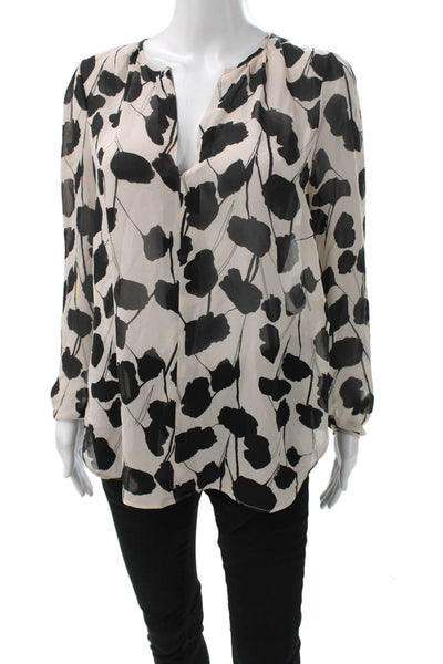 Reiss Women Silk Floral V-Neck Long Sleeve Blouse Pullover Beige Size 8