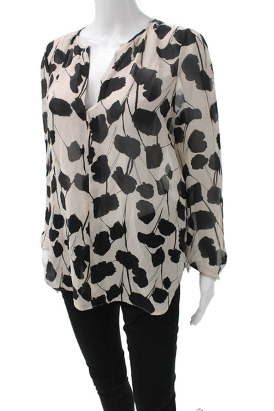 Reiss Women Silk Floral V-Neck Long Sleeve Blouse Pullover Beige Size 8