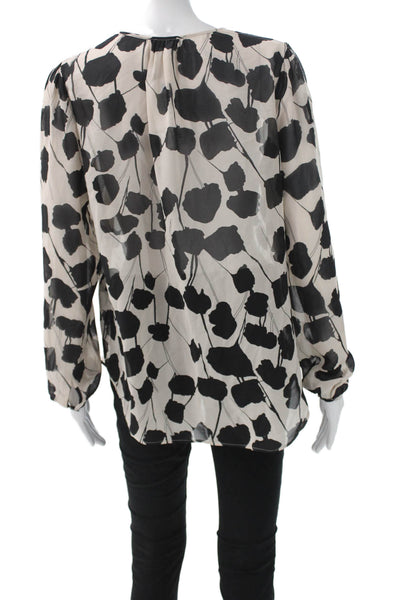 Reiss Women Silk Floral V-Neck Long Sleeve Blouse Pullover Beige Size 8