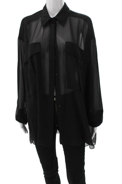 Reiss Women Collared Black Tunic Long Sleeve Button Polyester Size 8