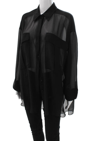 Reiss Women Collared Black Tunic Long Sleeve Button Polyester Size 8