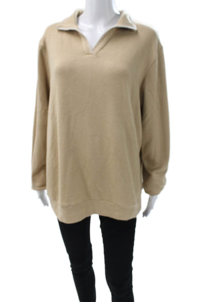 Muze Women Beige Wool Blend Collared Zip Pullover Sweatshirt Size XL