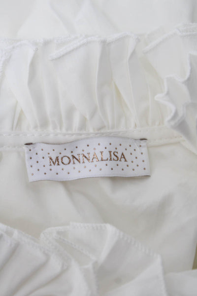 Monnalisa Girls Long Sleeve Crew Neck Ruffled Blouse White Cotton Size 12