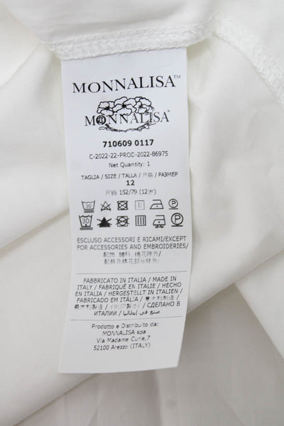 Monnalisa Girls Long Sleeve Scoop Neck Floral Blouse White Black Cotton Size 12