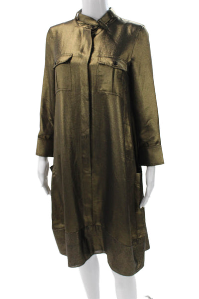 BCBGMAXAZRIA Womens Shirt Dress Gold Metallic Collared Long Sleeve Size S