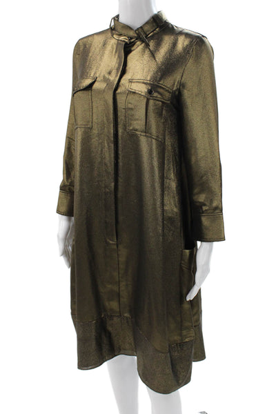 BCBGMAXAZRIA Womens Shirt Dress Gold Metallic Collared Long Sleeve Size S