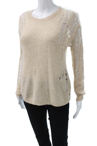 One Grey Day Women Pullover Alpaca Crewneck Long Sleeve Beige Size S