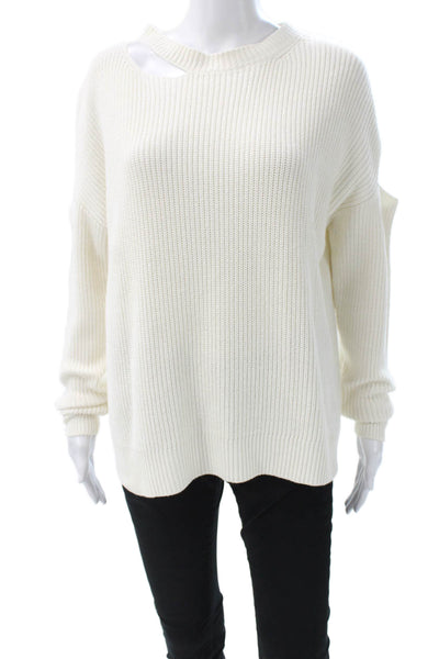 Andrea Jovine Women White Cotton Blend Crew Neck Pullover Sweater Size S
