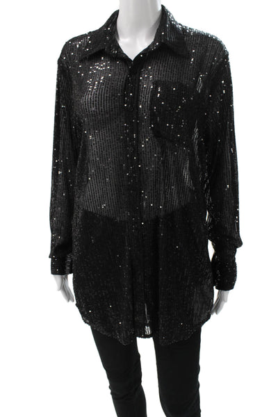 SPRWMN Women Tunic Button Up Black Collared Long Sleeve Polyester Size S