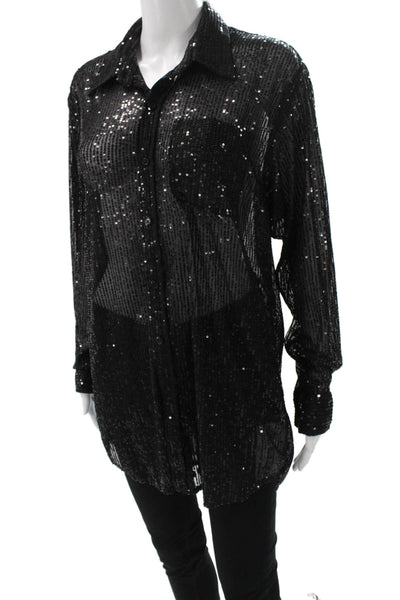 SPRWMN Women Tunic Button Up Black Collared Long Sleeve Polyester Size S