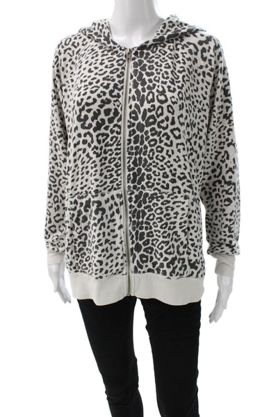 Chaser Women Full Zip Hoodie White Animal Print Cotton Long Sleeve Size L
