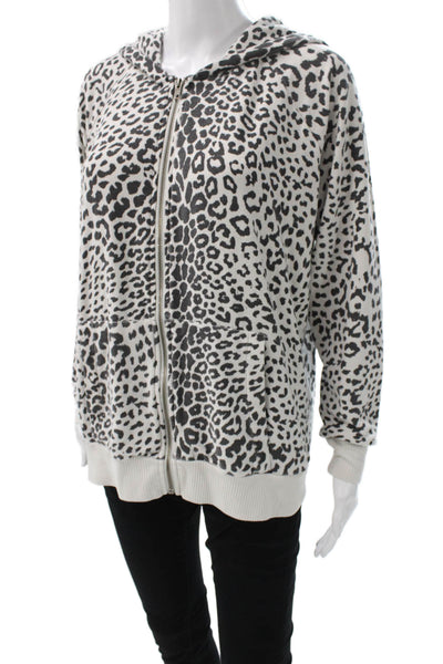 Chaser Women Full Zip Hoodie White Animal Print Cotton Long Sleeve Size L