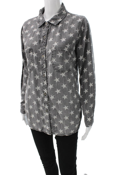 Rails Women Star Cotton Collared Button-Up Long Sleeve Top Gray Size M