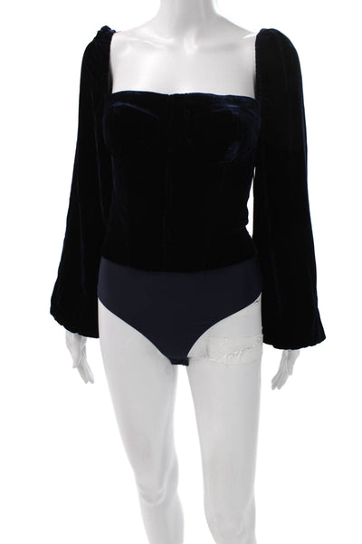Cami NYC Women Blue Velvet Cropped Blouse Square Neck Long Sleeve Size 2