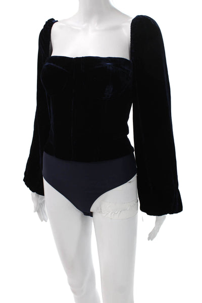 Cami NYC Women Blue Velvet Cropped Blouse Square Neck Long Sleeve Size 2