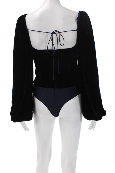 Cami NYC Women Blue Velvet Cropped Blouse Square Neck Long Sleeve Size 2