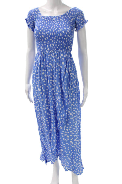Tiare Hawaii Women Maxi Blue Polka Dot Rayon Boat Neck Mid-Calf Dress Size OS