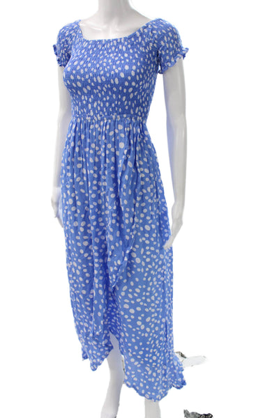 Tiare Hawaii Women Maxi Blue Polka Dot Rayon Boat Neck Mid-Calf Dress Size OS