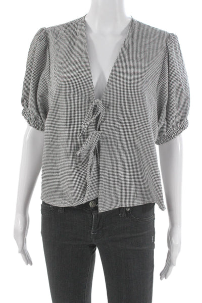 Elan Womens Cropped Black Check V-Neck Short Sleeve Polyester Blouse Size L