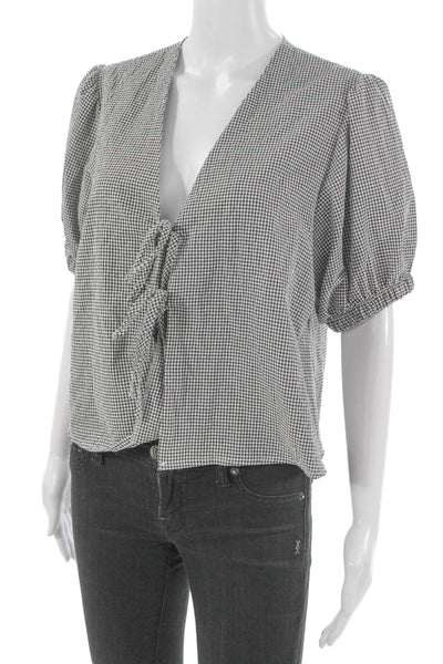 Elan Womens Cropped Black Check V-Neck Short Sleeve Polyester Blouse Size L