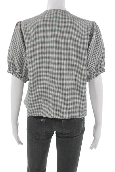 Elan Womens Cropped Black Check V-Neck Short Sleeve Polyester Blouse Size L