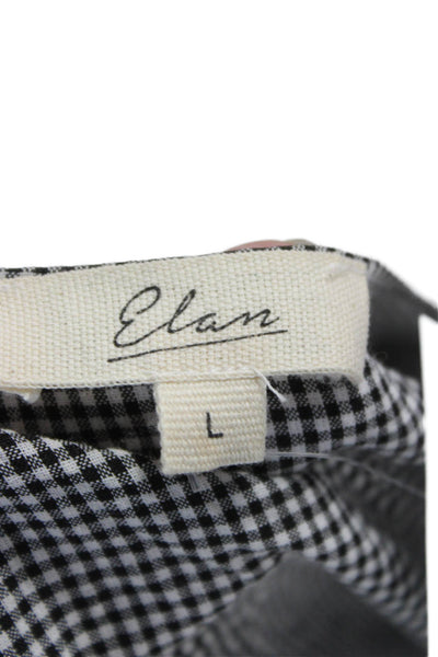 Elan Womens Cropped Black Check V-Neck Short Sleeve Polyester Blouse Size L