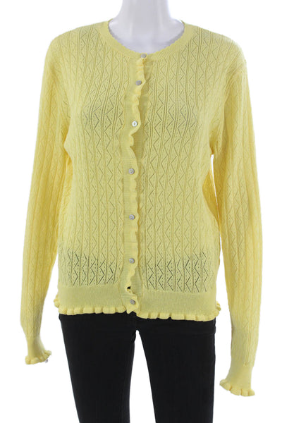 Zara Women Argyle Yellow Cardigan Long Sleeve Round Neck 50% Cotton Size L