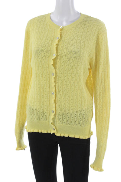 Zara Women Argyle Yellow Cardigan Long Sleeve Round Neck 50% Cotton Size L