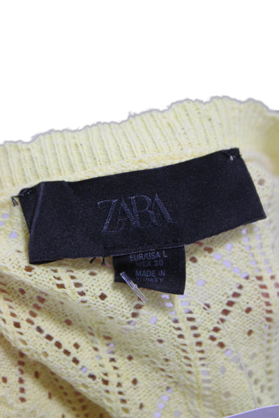 Zara Women Argyle Yellow Cardigan Long Sleeve Round Neck 50% Cotton Size L
