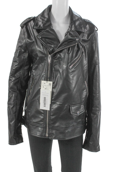 Zara Womens Biker Faux Leather Jacket Black Size L
