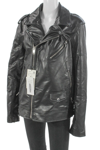 Zara Womens Biker Faux Leather Jacket Black Size L