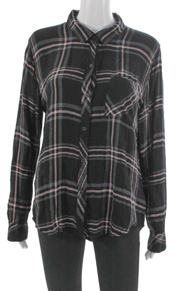 Rails Womens Basic Button-Up Black Plaid Collared Long Sleeve Size L